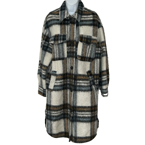 Bershka Plaid Long Sweater Coat Size S Shacket Buttons Pockets Cozy Lightweight - Picture 1 of 5